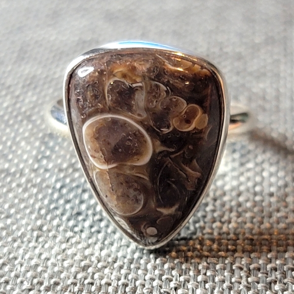 Native Jewelry - Native Fossil Snail Gemstone Ring Size 8 Adjustable Sterling Silver Boho